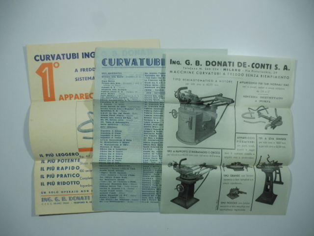 Curvatubi Ing. G. B. Donati De Conti. Primo apparecchio a freddo senza riempimento. Sistema brevettato a pompa. Pieghevole pubblicitario